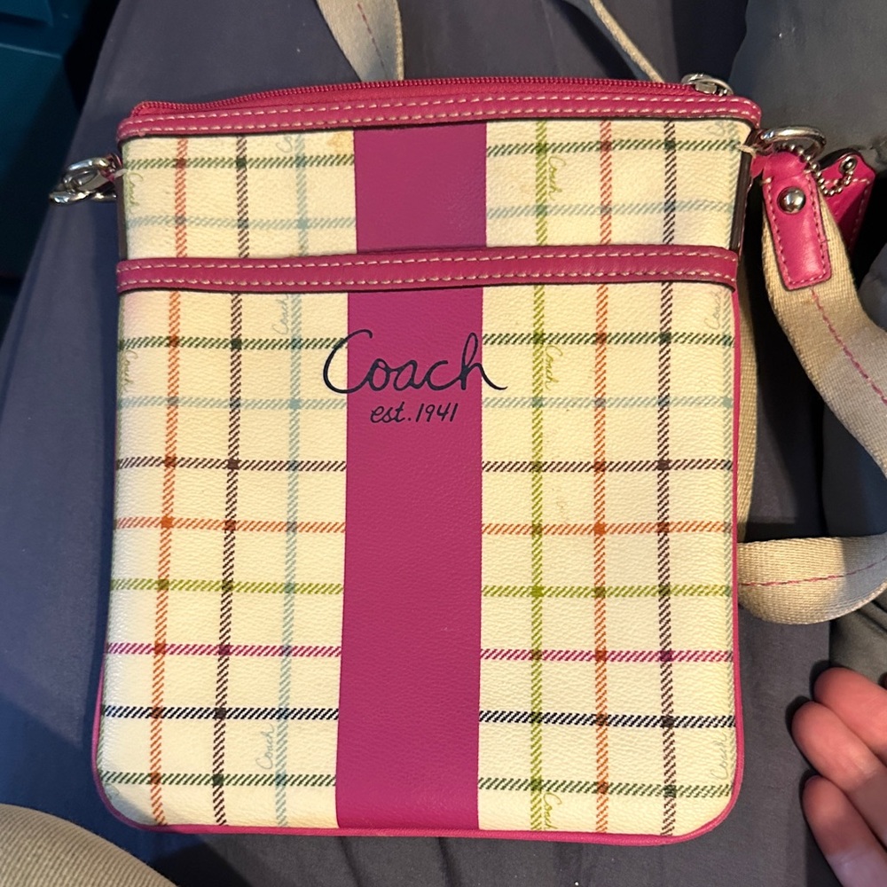 Coach Pink and Cream Plaid Crossbody Bag